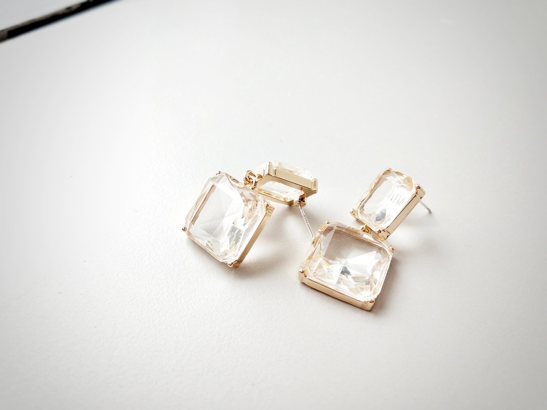 纯净白水晶 耳环 耳饰 饰品 银 S925 金 日系 气质 透明 宝石 透 - 耳环/耳夹 - 银 