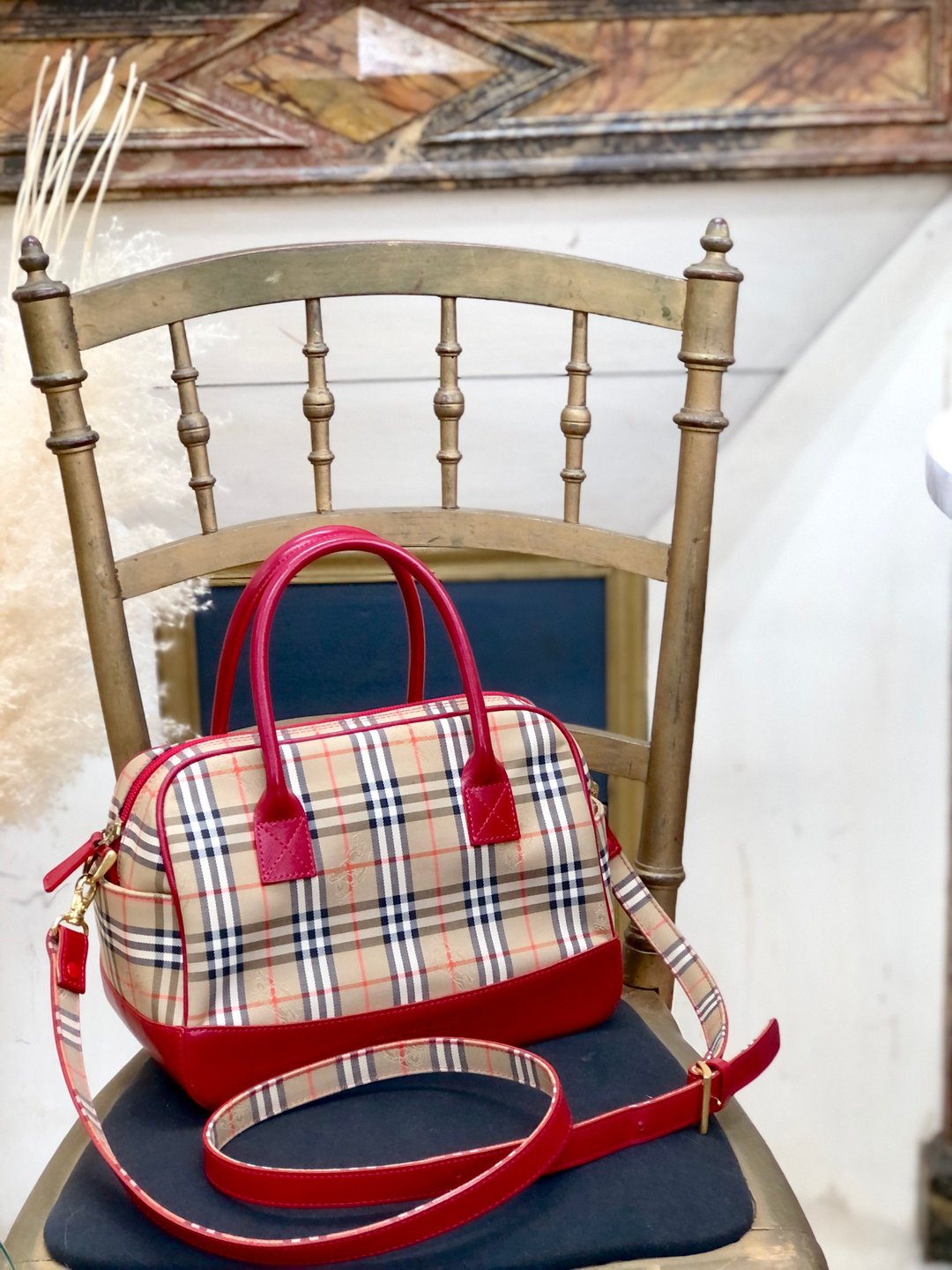 [Japan direct shipment name card used package] BURBERRY classic check leather x canvas 2way Boston bag shoulder bag beige x red 8kwa2a - 侧背包/斜挎包 - 真皮 红色