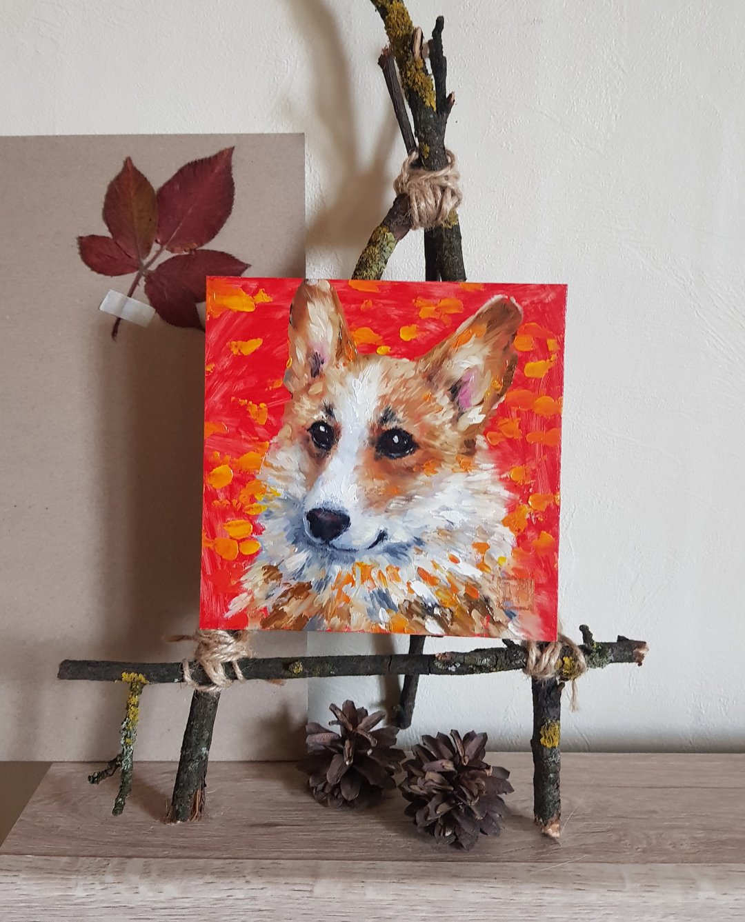 Original cute Welsh Corgi dog artwork hand painted Oil painting on Cardboard - 墙贴/壁贴 - 其他材质 