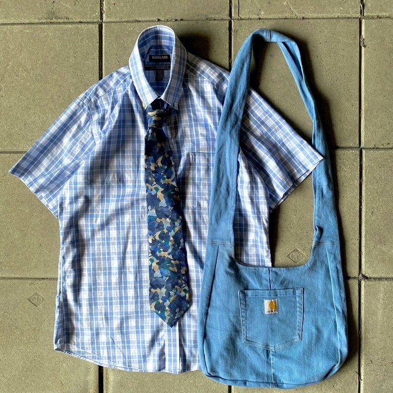 --两光师古着--蓝色直条格纹、领带、马鞍包 - 男装衬衫 - 其他材质 蓝色