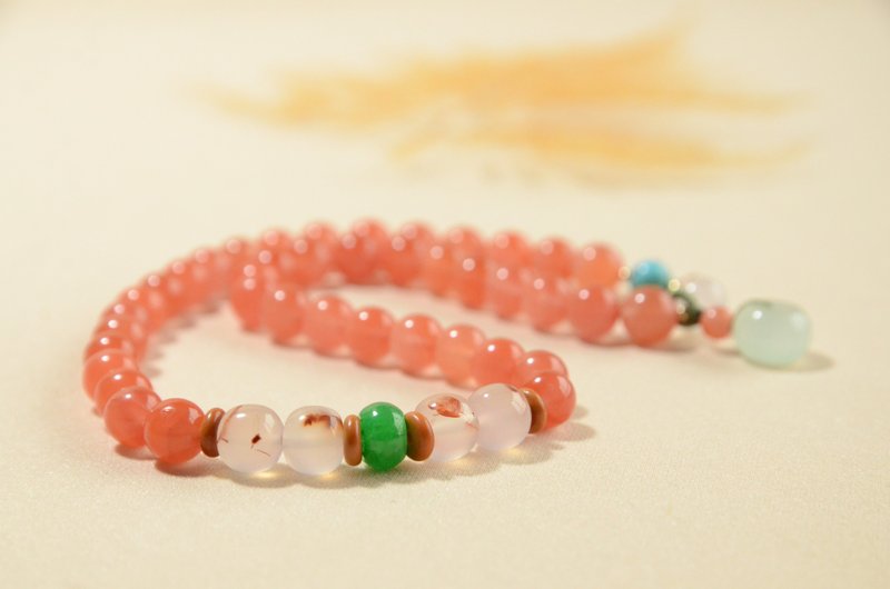 【梵音】天然南红樱桃红意形冰飘翡翠高冰平安扣手串 - 手链/手环 - 宝石 