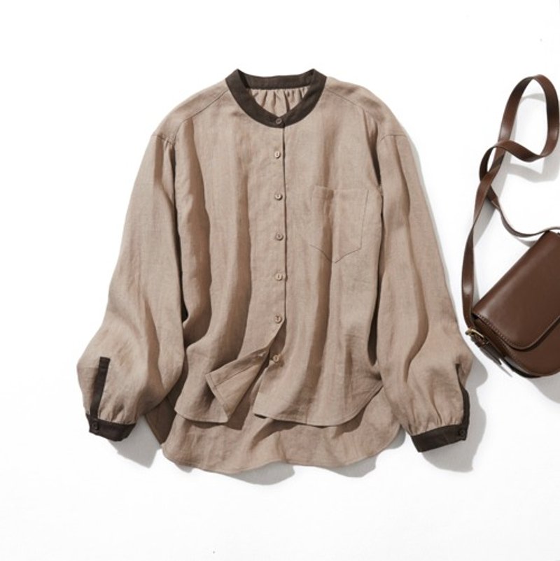 每次穿上都能感受到的温柔 撞色亚麻100% 衬衫 长袖衬衫 220901-1 - 女装上衣 - 棉．麻 