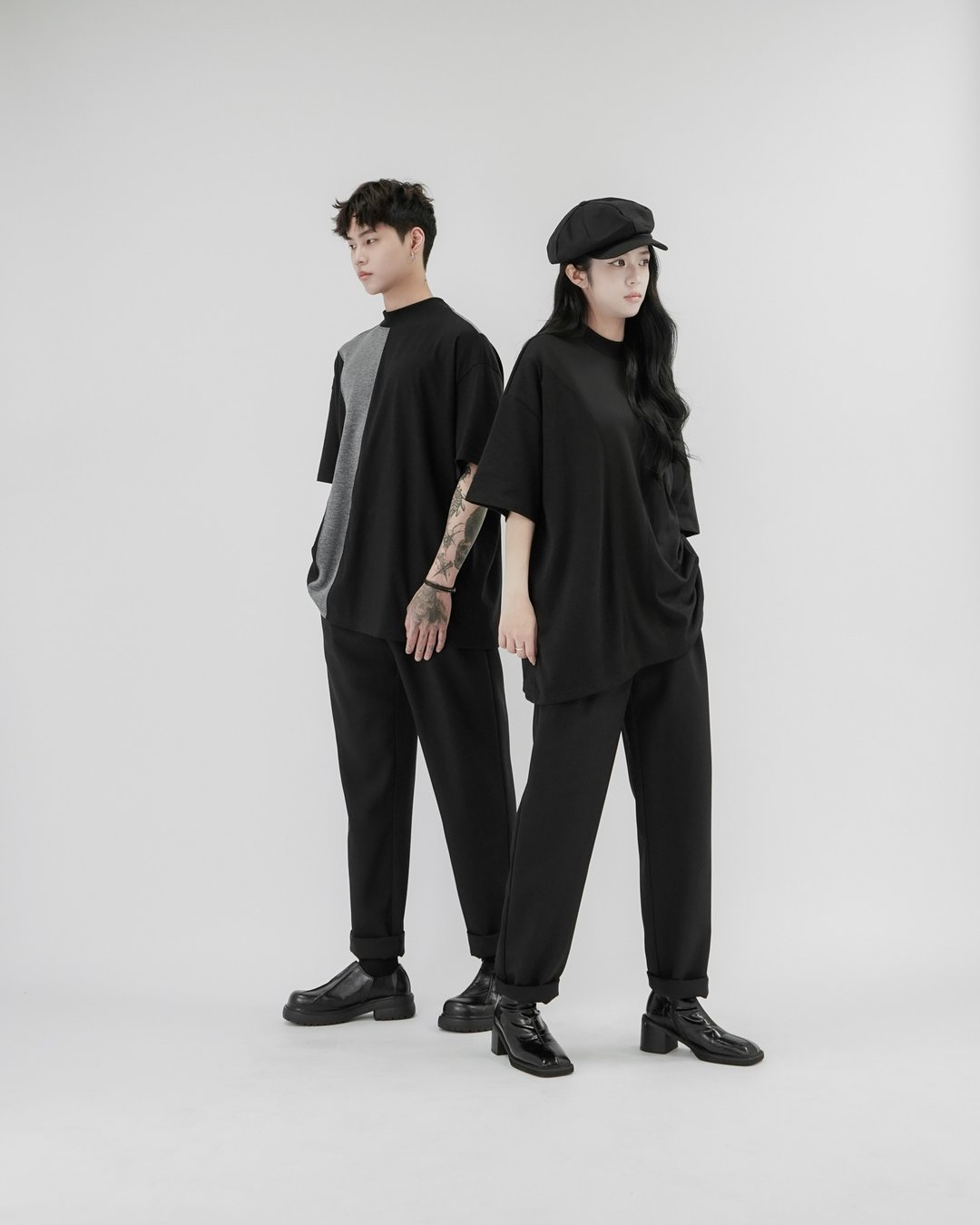 MUKK DESIGN 拷克线异材质弧形剪裁 T-灰 - 男装上衣/T 恤 - 聚酯纤维 黑色