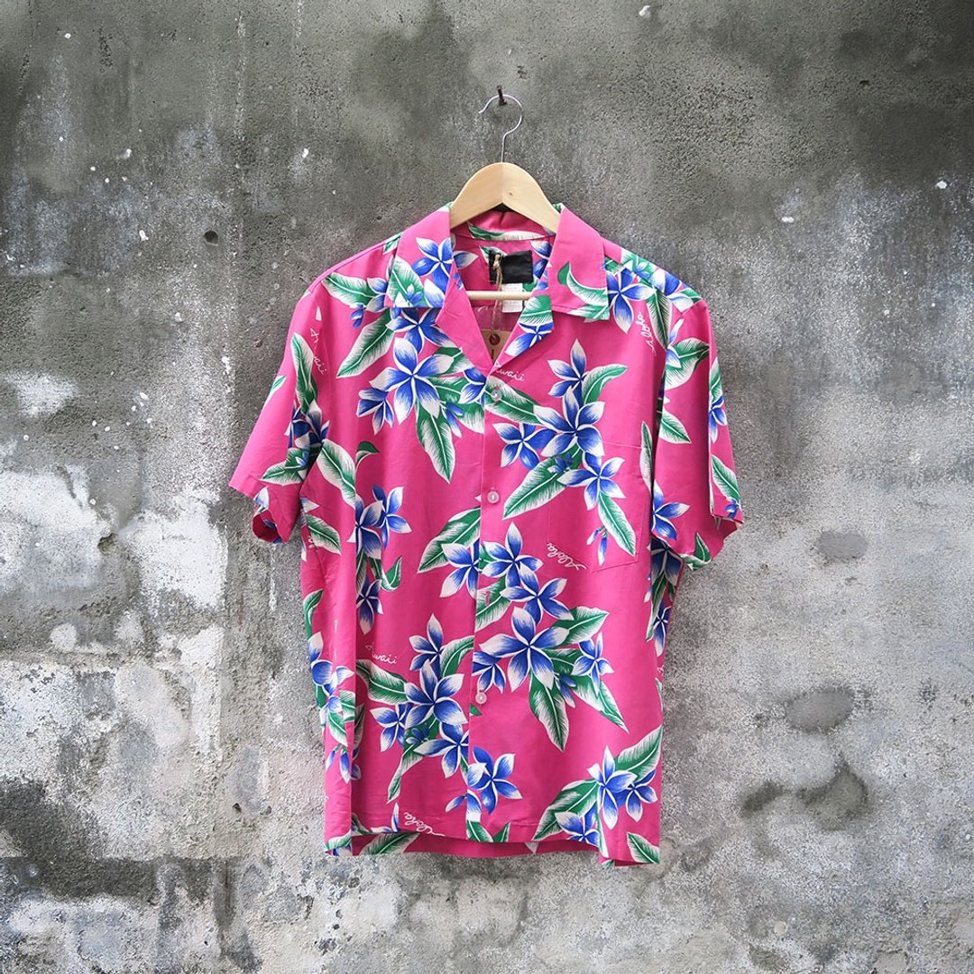 桃红色 花与叶 古着夏威夷衬衫 - 女装衬衫 - 聚酯纤维 