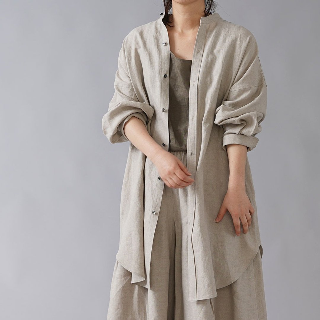 wafu --Jun Ama 襯 Cloth Lightweight Linen Oversized Shirt Unisex / Flax Beige t021b-amn1 - 中性连帽卫衣/T 恤 - 亚麻 卡其色