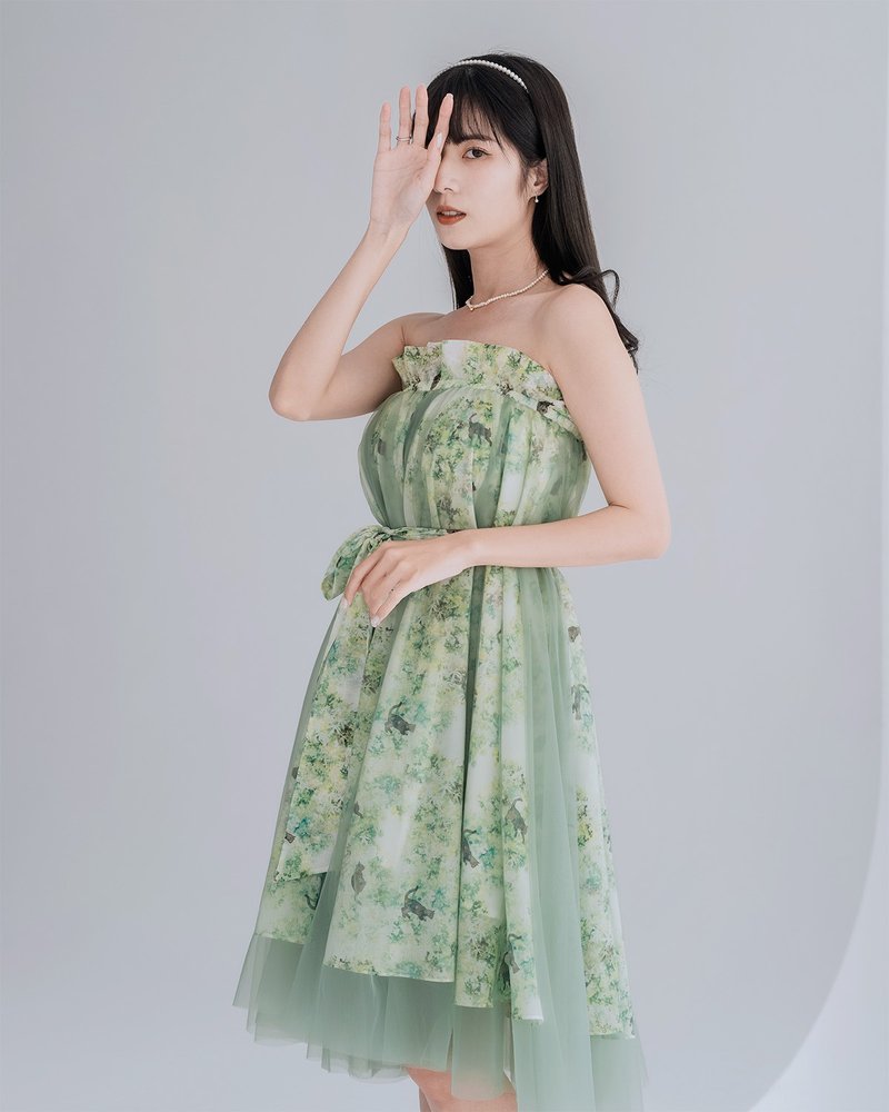 【LADY】双层印花 瀑布纱裙 两穿小洋装 长裙 岚山初夏 - 裙子 - 棉 绿色