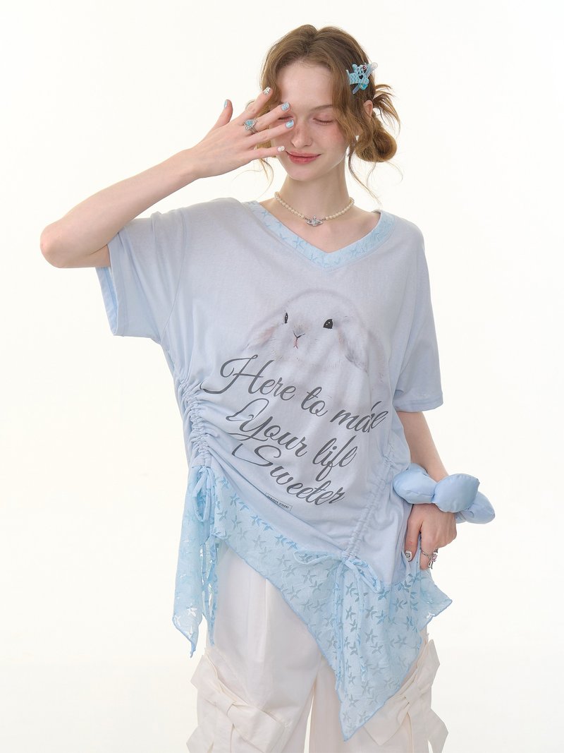 ziziFei夏新款美式设计感兔子印花不规则下摆宽松v领短袖大t恤女 - 女装 T 恤 - 其他材质 