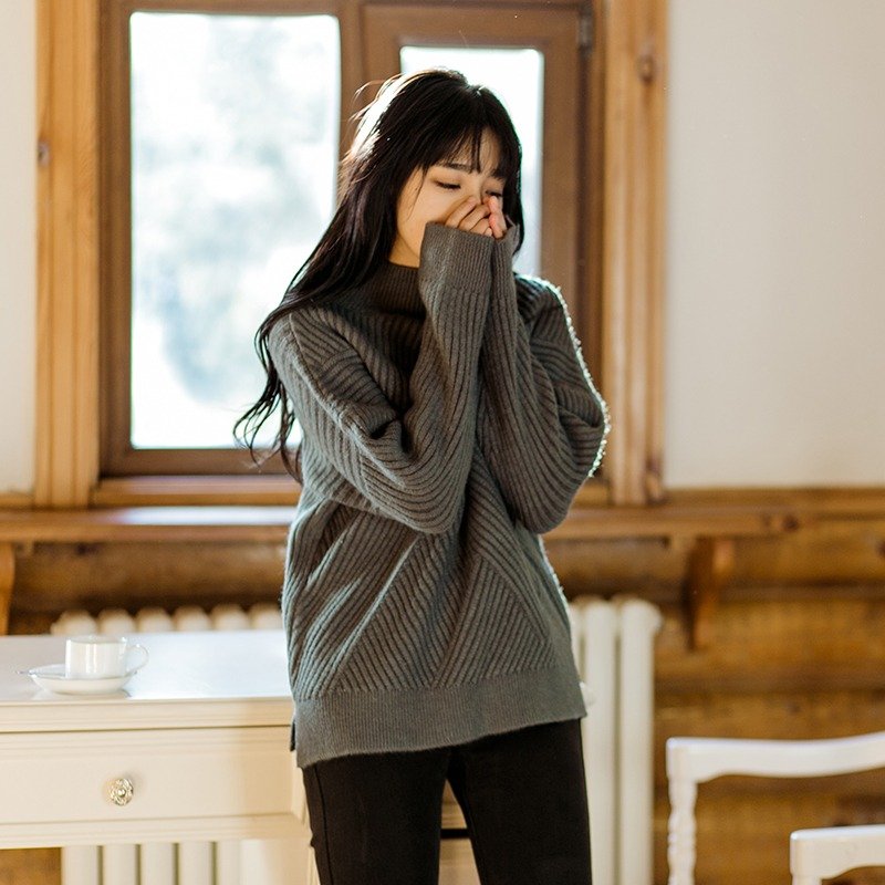 安妮陈2017冬装新款女装交叉条纹中领针织毛衣 - 女装针织衫/毛衣 - 棉．麻 绿色