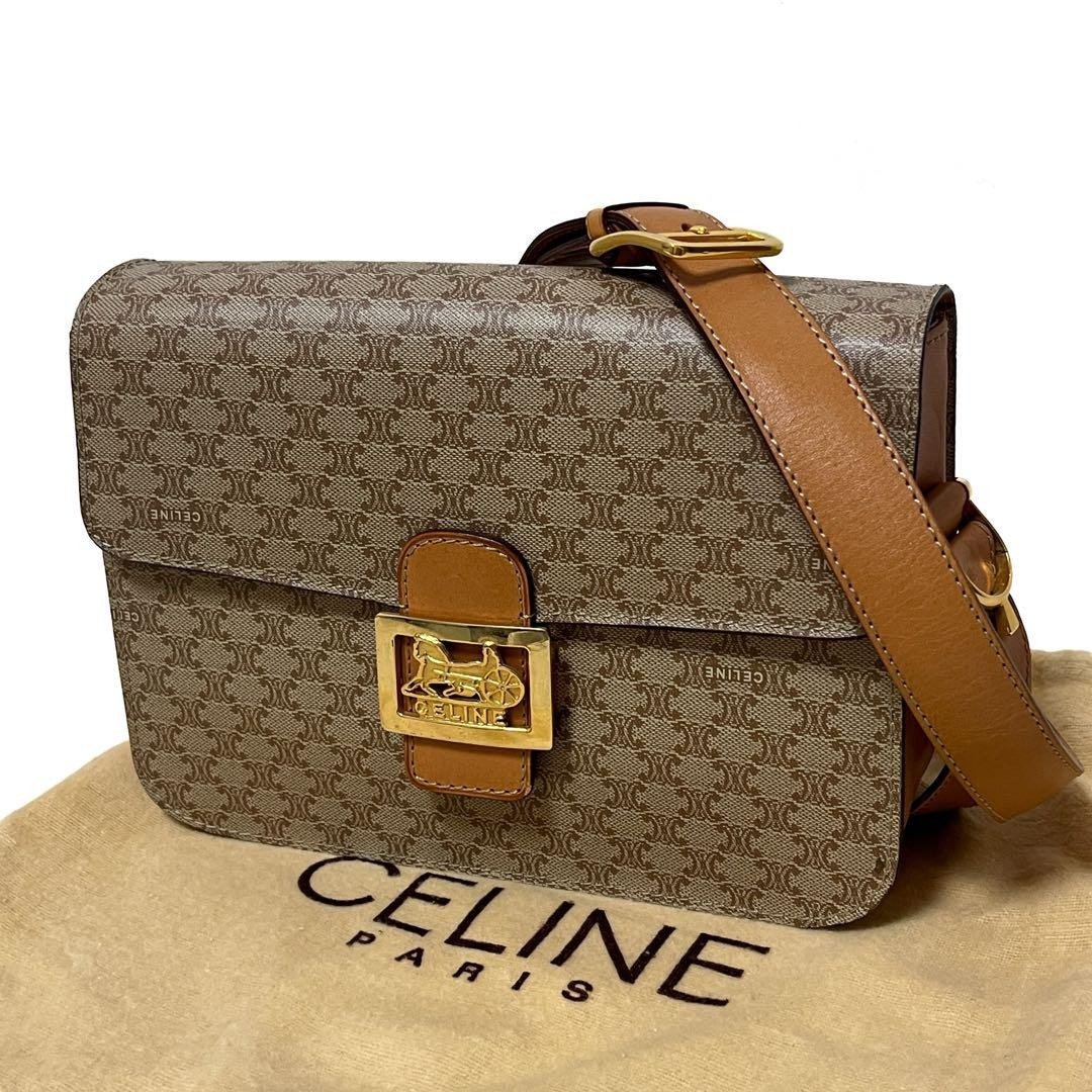 正品 CELINE 赛琳 肩背包 马车扣 马车图案 PVC 皮革 米色 古董 二手 - 侧背包/斜挎包 - 其他材质 