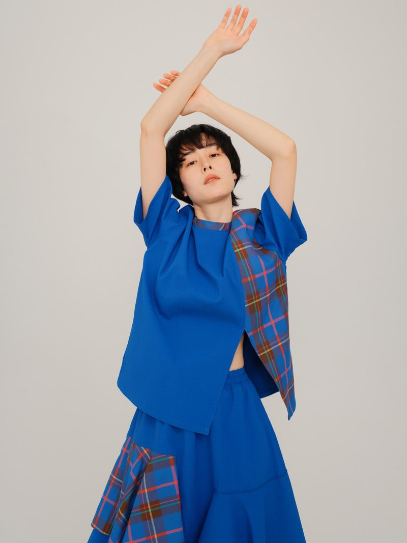 藍色拼接格紋剪裁設計 短袖上衣 T恤 - 女装 T 恤 - 聚酯纤维 蓝色