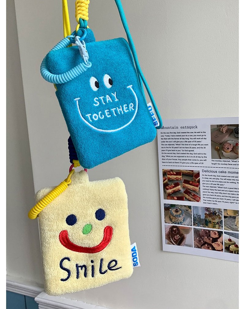 原创可爱笑脸卡包零钱包airpods耳机包小收纳买个可爱 - 零钱包 - 棉．麻 蓝色