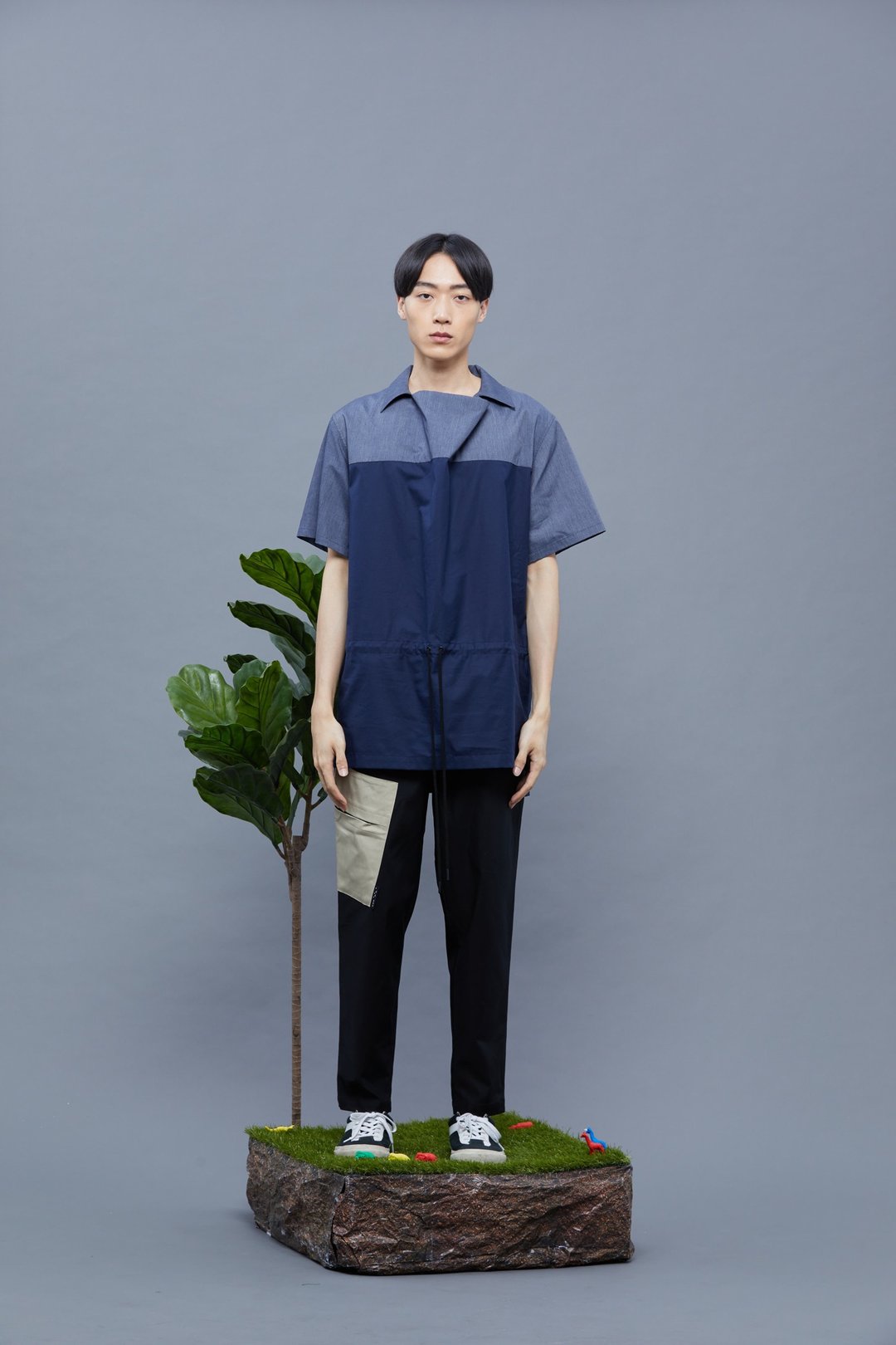 宽领抽绳短袖上衣 - 藏青 - 男装上衣/T 恤 - 环保材料 蓝色
