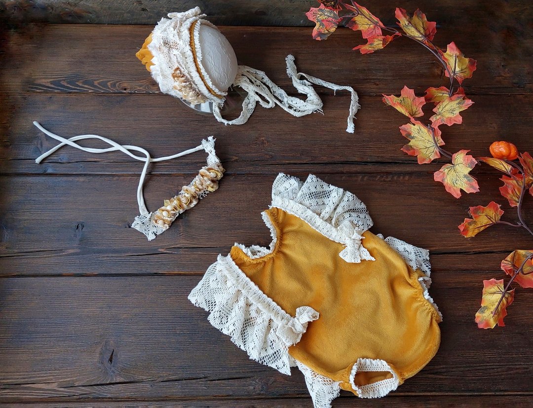 Fall girl outfit, Newborn romper set, boho props, bodysuit velvet headband - 婴儿饰品 - 其他材质 橘色