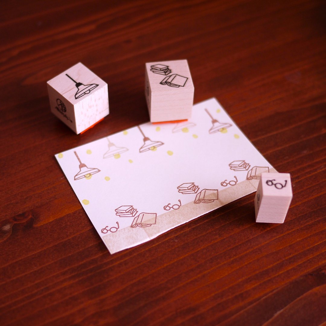 Cafe background stamp 3-piece set / light, upside down book, glasses / Fukuwake stamp - 印章/印台 - 其他材质 白色