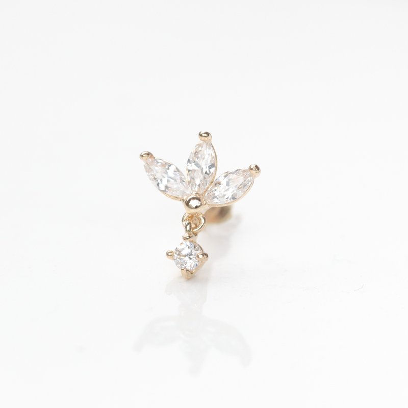 14K 三叶花钻坠锁珠耳环   (前锁 平底 圆饼) (单个) 不褪色 - 耳环/耳夹 - 贵金属 金色