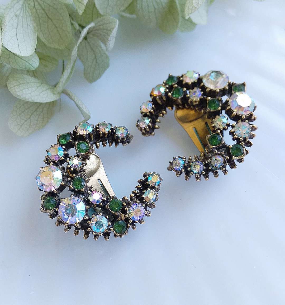 Vintage Jewelry 西洋古董饰品 FLORENZA 璀璨莱茵月型 夹式耳环 - 耳环/耳夹 - 其他金属 金色