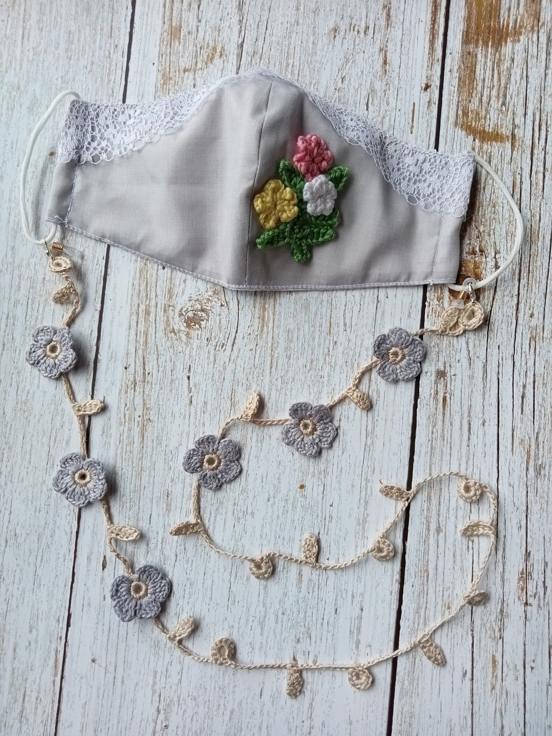 Set of 2 pieces, face mask, crochet mask holder, eyeglass strap - 口罩 - 棉 灰色