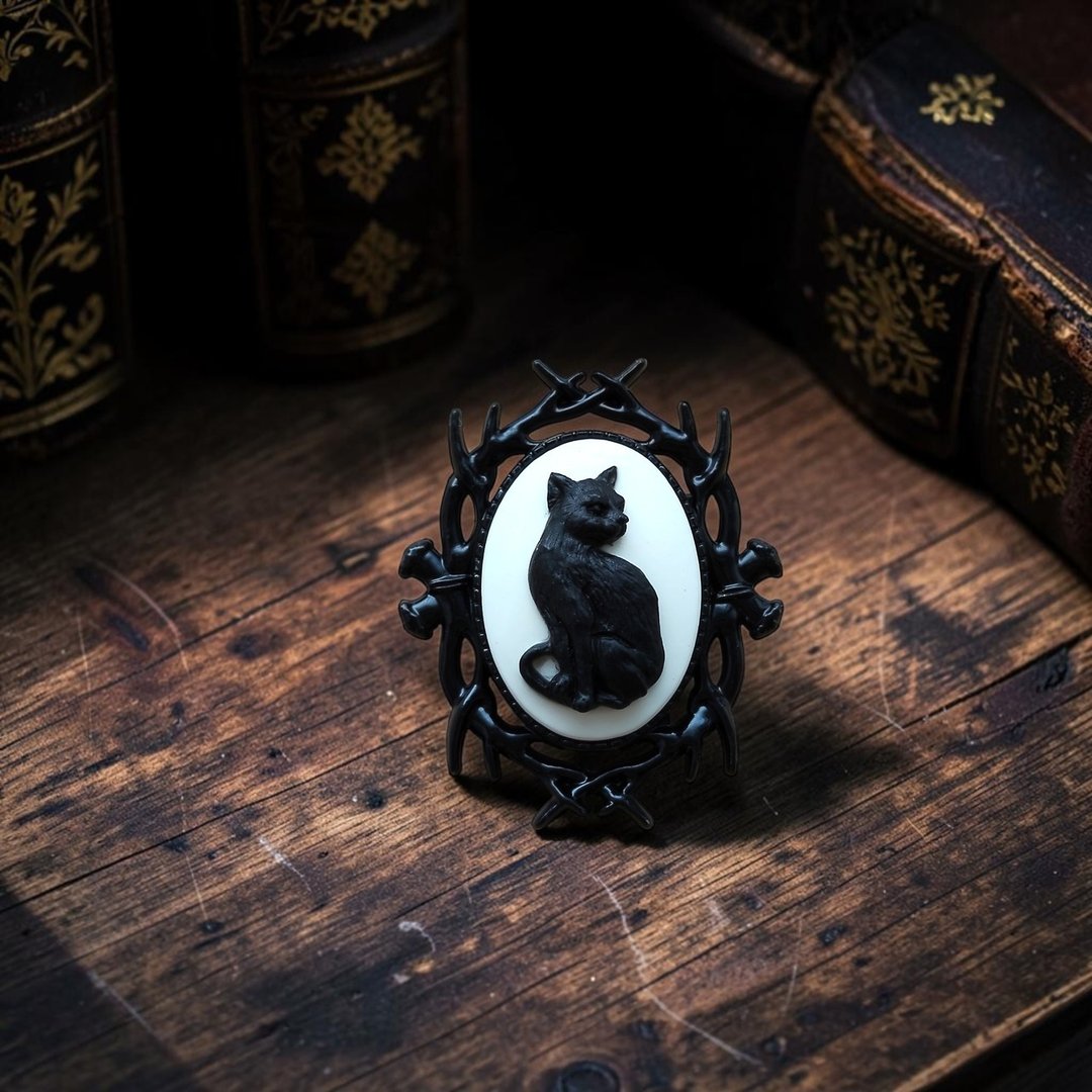 Cameo Brooch #m10 贝壳浮雕胸针 黑猫 猫咪 白色 - 胸针 - 塑料 白色