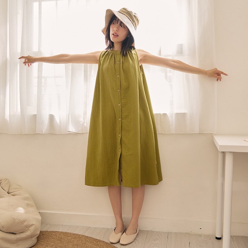 三重纱透气排扣无袖连身洋装-共2色 - 居家服/睡衣 - 棉．麻 多色