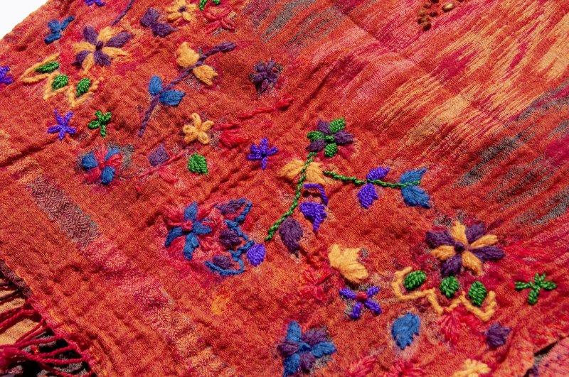 喀什米尔Cashmere/水煮羊毛披肩/针织围巾/刺绣围巾/羊绒披巾-花 - 围巾/披肩 - 羊毛 红色