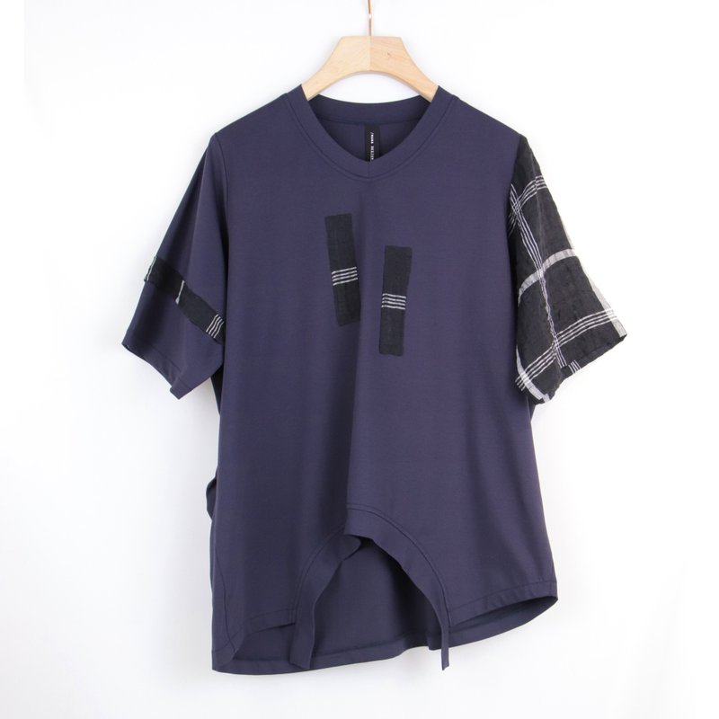 蓝黑 - V领下圆弧造型拼黑格上衣 #U1194 - 女装上衣 - 棉．麻 蓝色