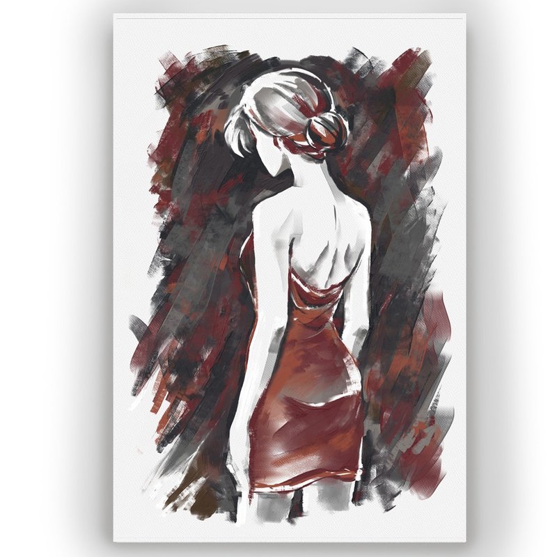 时尚女性插画水彩画 砖红灰色调 现代优雅装饰画 适用于卧室客厅 - 墙贴/壁贴 - 纸 灰色