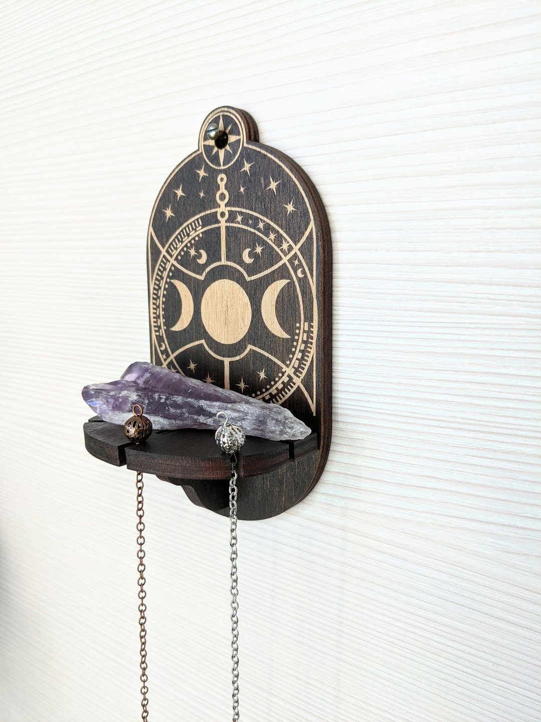 Pendulum stand wall with moon phases mini shelf for selenite / charging crystal - 摆饰 - 木头 咖啡色