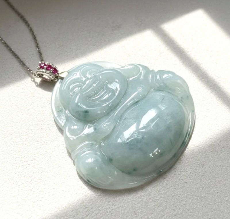 冰糯种飘蓝花翡翠弥勒佛项链 925 纯银 | 天然缅甸玉翡翠 A 货 |送礼 - 项链 - 玉石 绿色