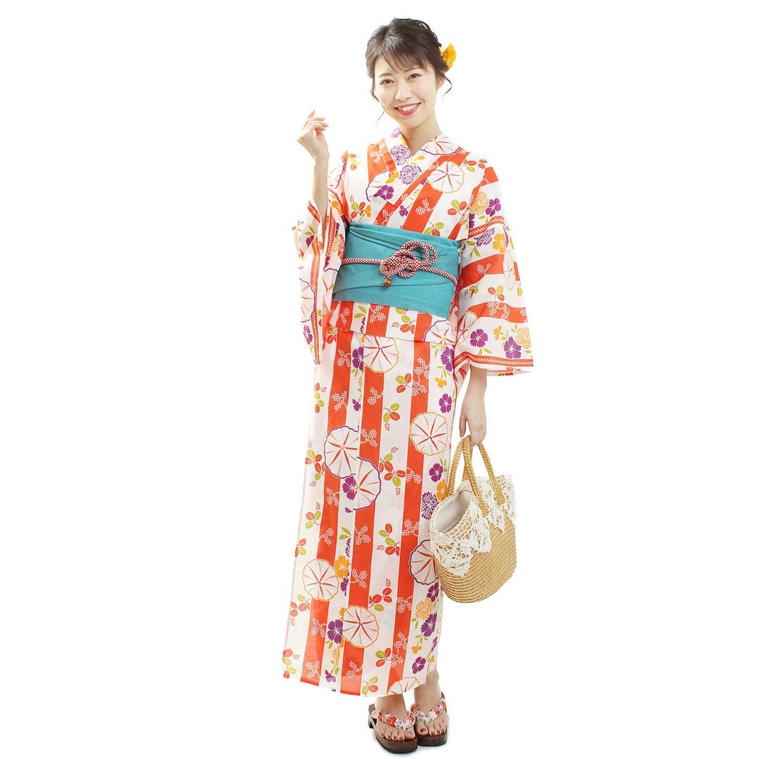 Japanese Yukata and Obi Set of 2 Size Free x86-27b - 其他 - 棉 橘色