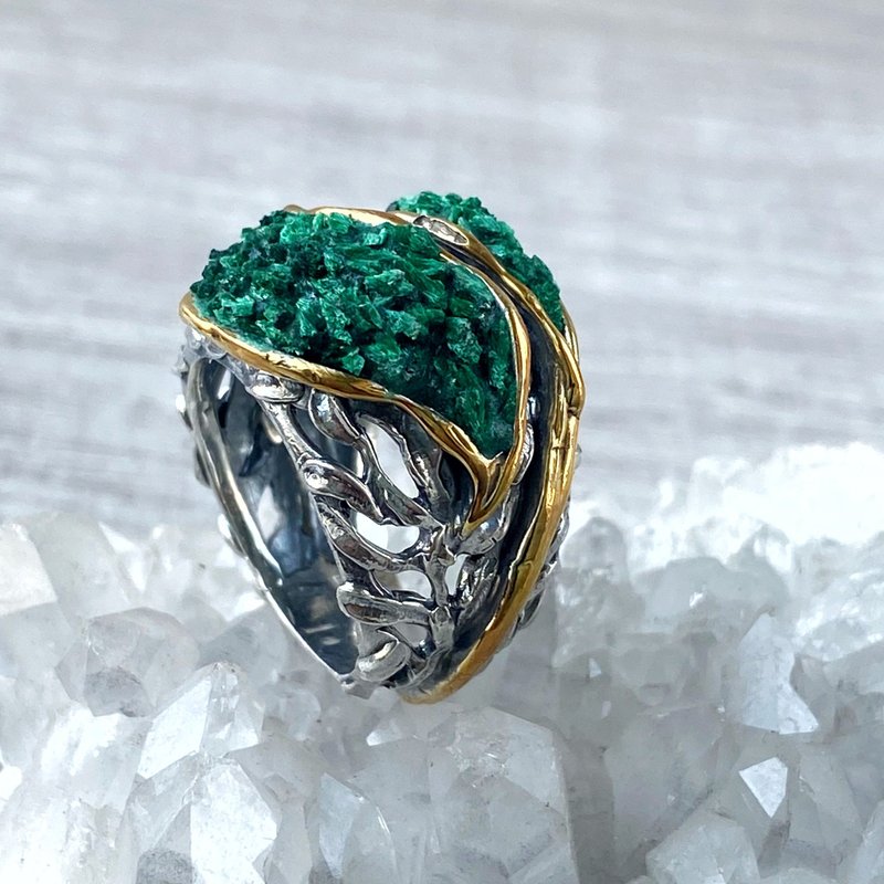 Malachite ring in sterling silver and 24 K gold plated, Shahinian Jewelry - 戒指 - 纯银 绿色