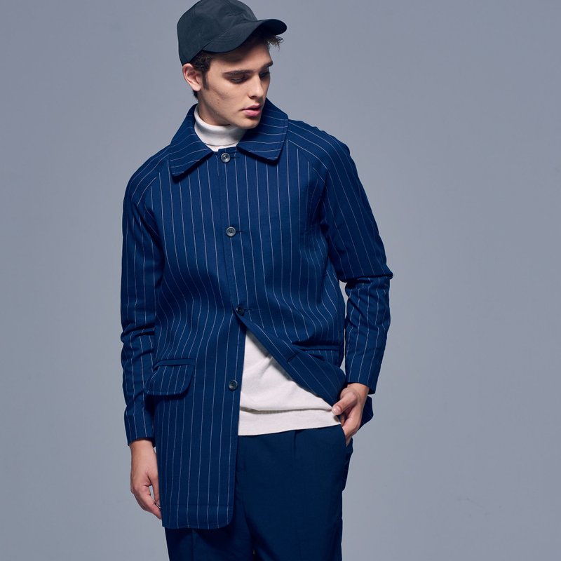 Stone'As Stripe Coat In Blue / 条纹 蓝色 长版 大衣 外套 - 男装外套 - 棉．麻 蓝色