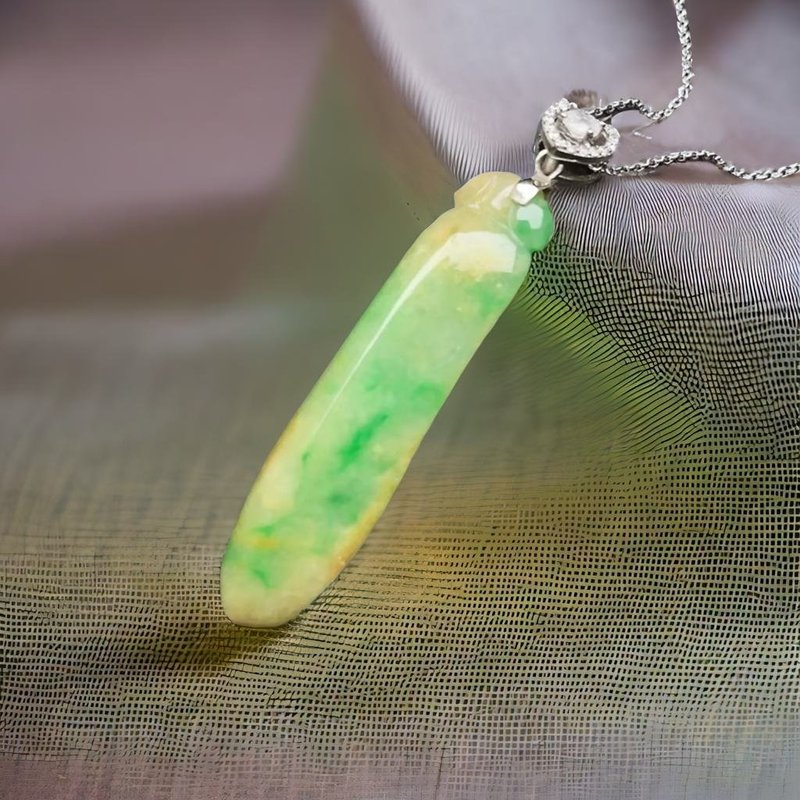 绿飘黄花翡翠福瓜925纯银坠头项链 | 天然缅甸玉翡翠A货 | 送礼 - 项链 - 玉石 绿色