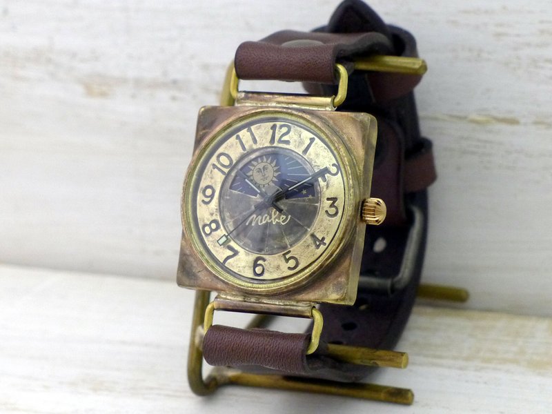 CUBE-JB3-S&M  手作り時計 HandCraftWatch JUMBO Brass36mmスクエア Sun&Moon (JUM94S&M BR) - 女表 - 铜/黄铜 金色