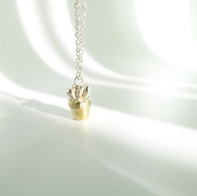 多肉植物 虹之玉盆栽 纯银项链 - 项链 - 其他金属 银色