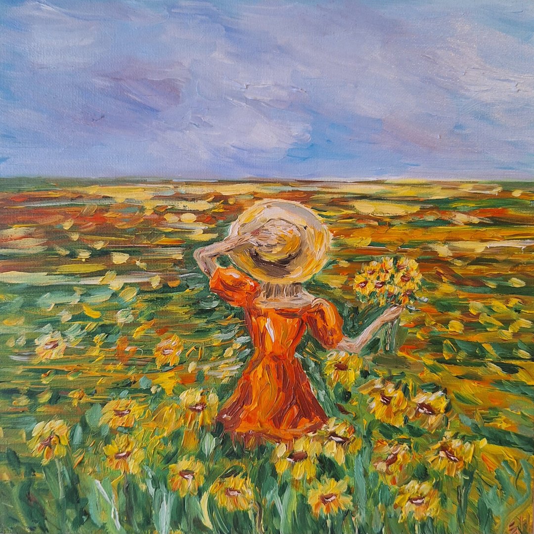 向日葵田野画 Girl in the field wall 向日葵田野图片女孩油画 - 海报/装饰画/版画 - 棉 黄色