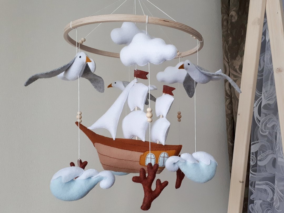 Ship baby mobile nursery, sea / ocean waves crib mobile boy, baby shower gift - 玩具/玩偶 - 环保材料 蓝色
