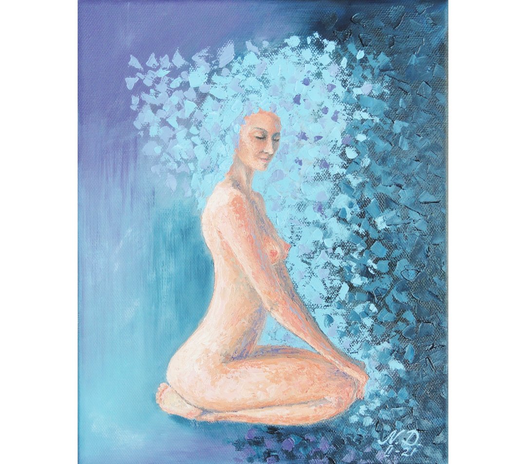 Nude painting Original art Yoga painting Erotic wall art Oil painting on canvas - 海报/装饰画/版画 - 其他材质 蓝色
