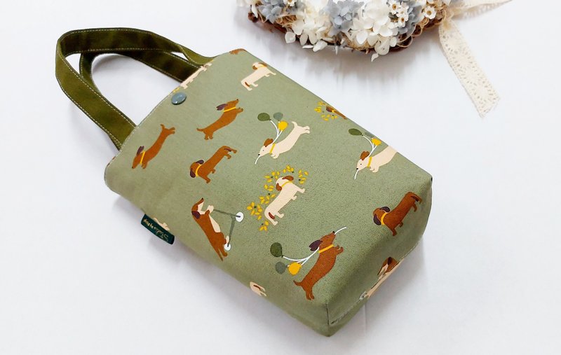 腊肠狗狗【内防泼水】饮料提袋-水壶提袋-冰坝杯提袋-外出提袋 - 随行杯提袋/水壶袋 - 棉．麻 绿色