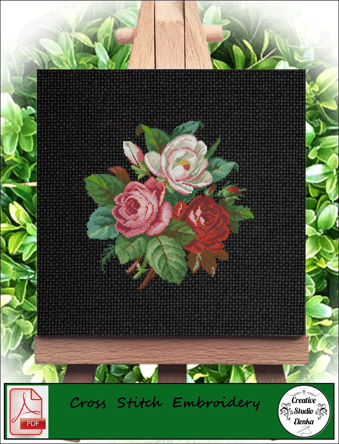 Vintage Cross Stitch Scheme Roses and water lilies - PDF Embroidery Scheme - 编织/刺绣/羊毛毡/裁缝 - 其他材质 