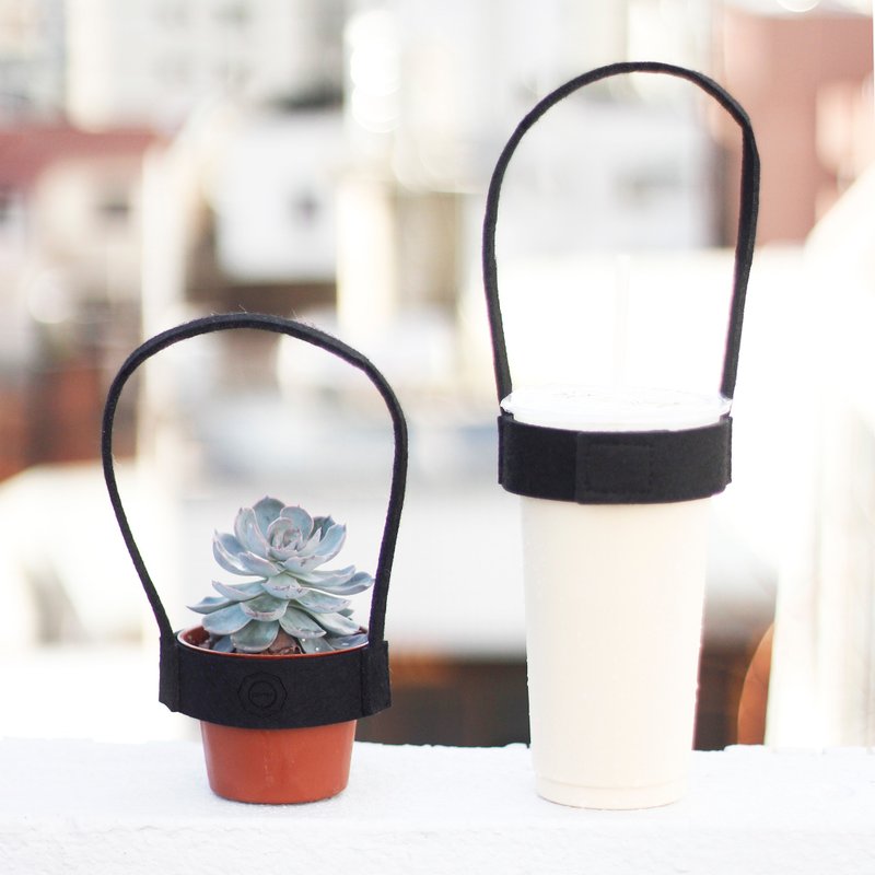 简约款/羊毛毡环保饮料提带 Beverage tape/黑black - 随行杯提袋/水壶袋 - 羊毛 黑色