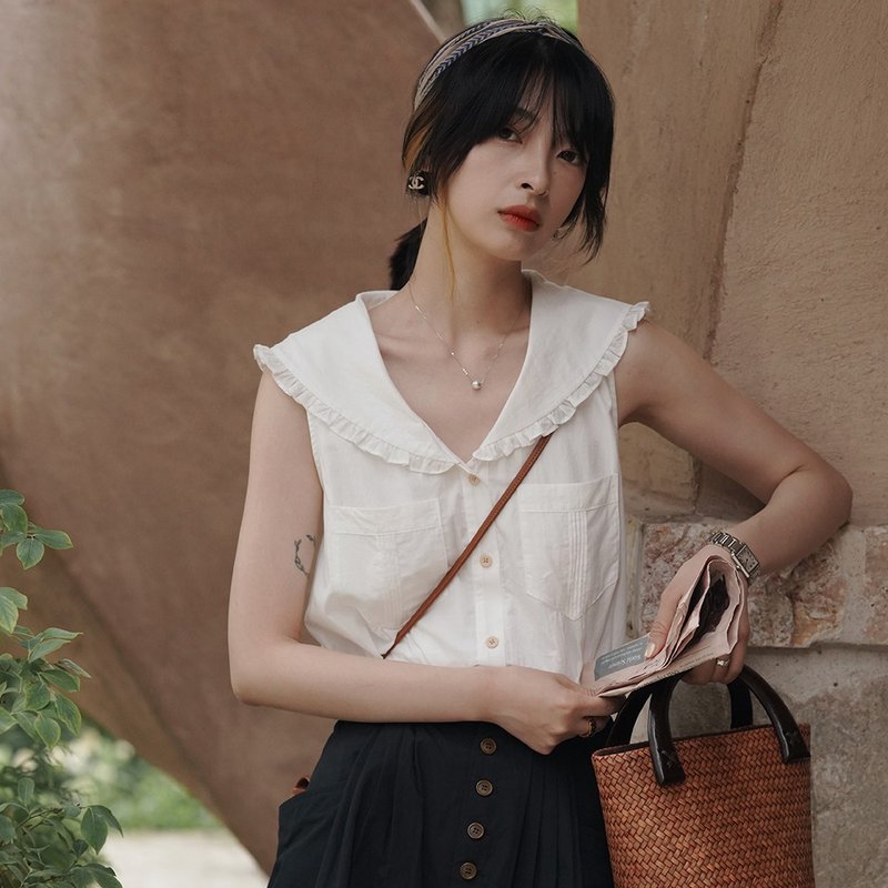 白色海军领背心衬衫|衬衫|夏款|Sora-971 - 女装衬衫 - 棉．麻 白色