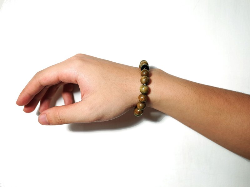 轻量级绿檀木珠 / 黑曜石 天然石手链 - 手链/手环 - 木头 卡其色