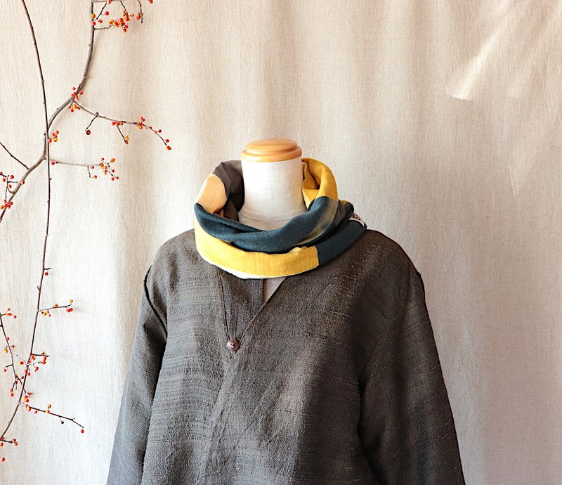 蓝绿色/黄色/窄/  Snood - 围巾/披肩 - 棉．麻 黄色