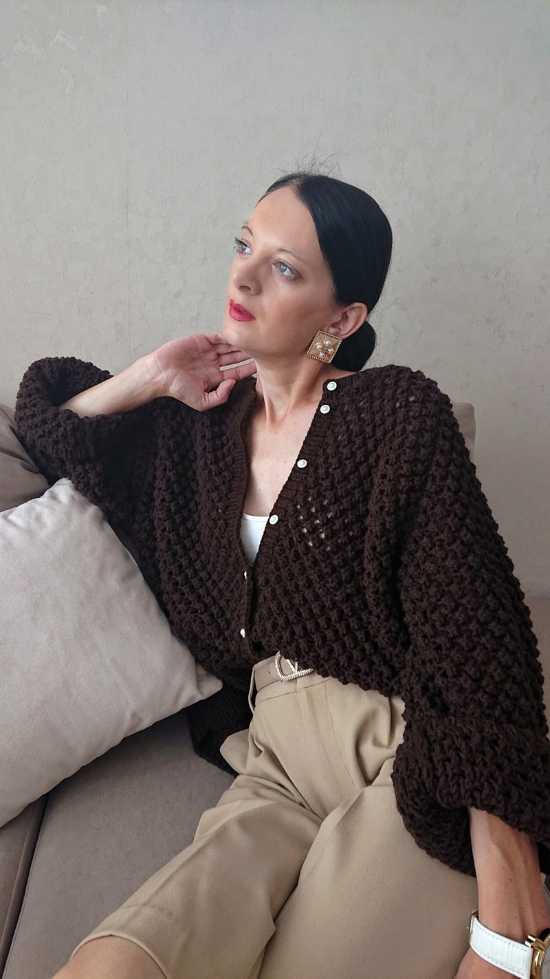 Popcorn hand knit cardigan for women Wool sweater jacket with button Knit blouse - 女装针织衫/毛衣 - 羊毛 