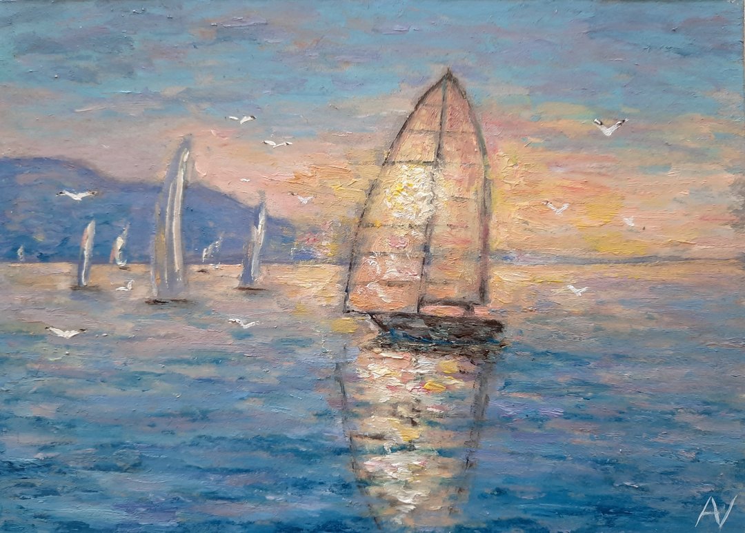 湖面夕阳原作油画，帆船微型艺术品，海洋手绘壁画 - 墙贴/壁贴 - 环保材料 多色