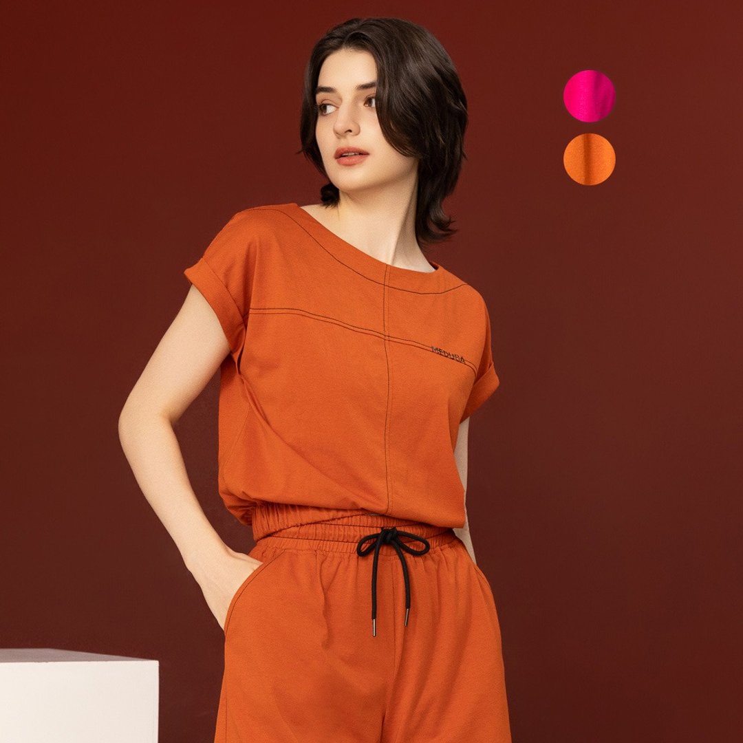 【MEDUSA】压线宽松剪裁休闲套装T恤 - 2色(M-XL) | 女休闲上衣 - 女装 T 恤 - 棉 橘色