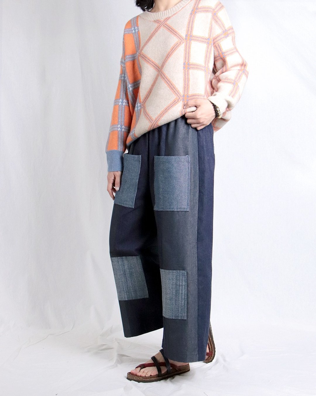 【Women's Day New Arrival】丹宁拼接牛仔宽裤#T2228 - 女装长裤 - 棉 蓝色