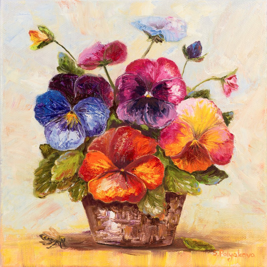 Pansies Painting Bee and Flowers Oil Painting on Canvas Juicy Small Original Art - 海报/装饰画/版画 - 其他材质 多色