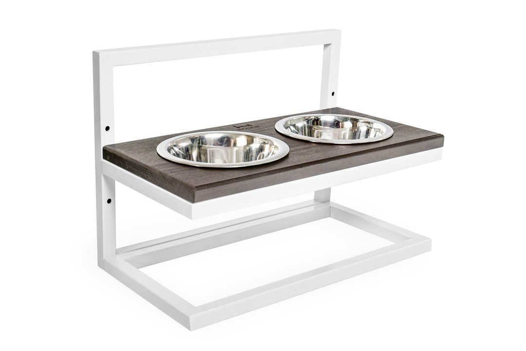 Dog Feeder with Adjustable height, double dog bowls Size M Brown + White - 碗/碗架 - 其他材质 白色