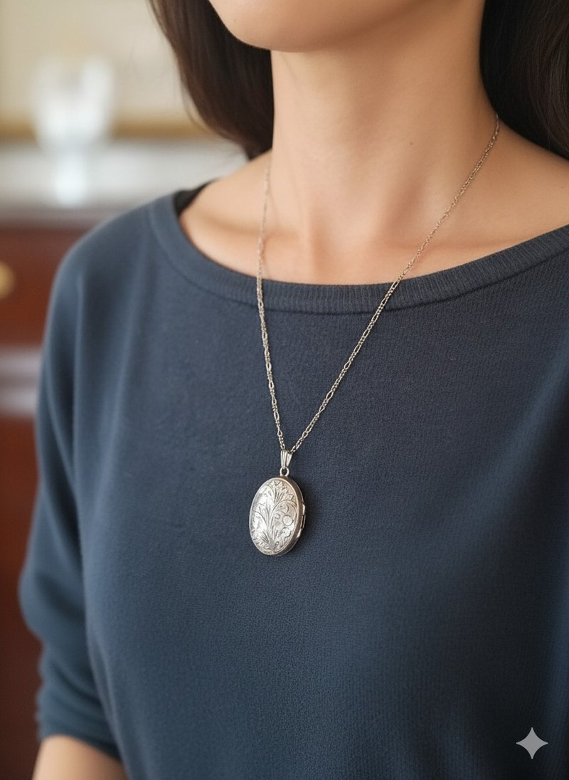 英国1979年纯银盒式相片坠含意大利制费加洛链 - 项链 - 纯银 银色